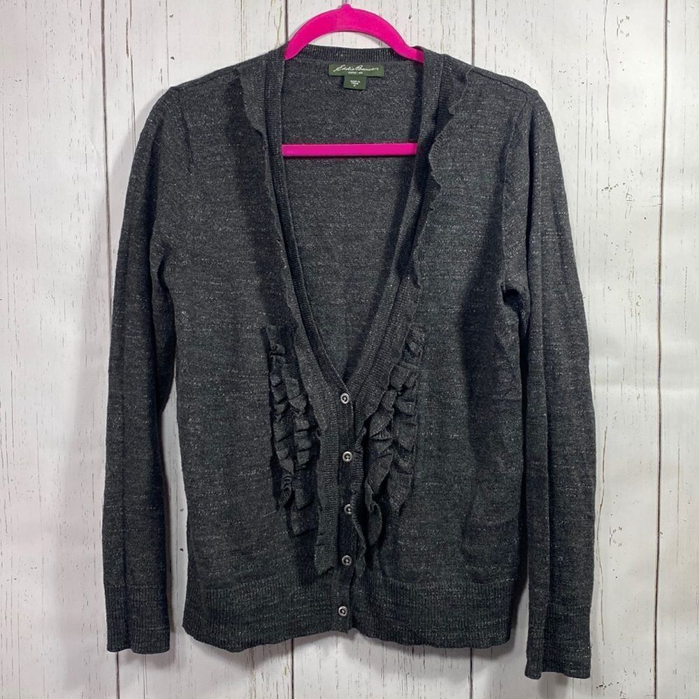 Eddie Bauer Gray Ruffle Long Sleeve Button Front Sweater Cardigan